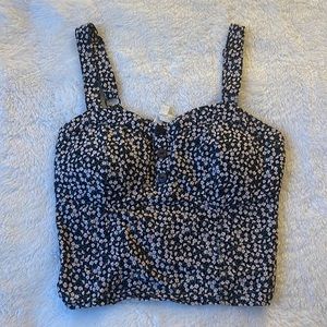 Black and Pink Floral Cropped Tank with Elastic Back and Cups